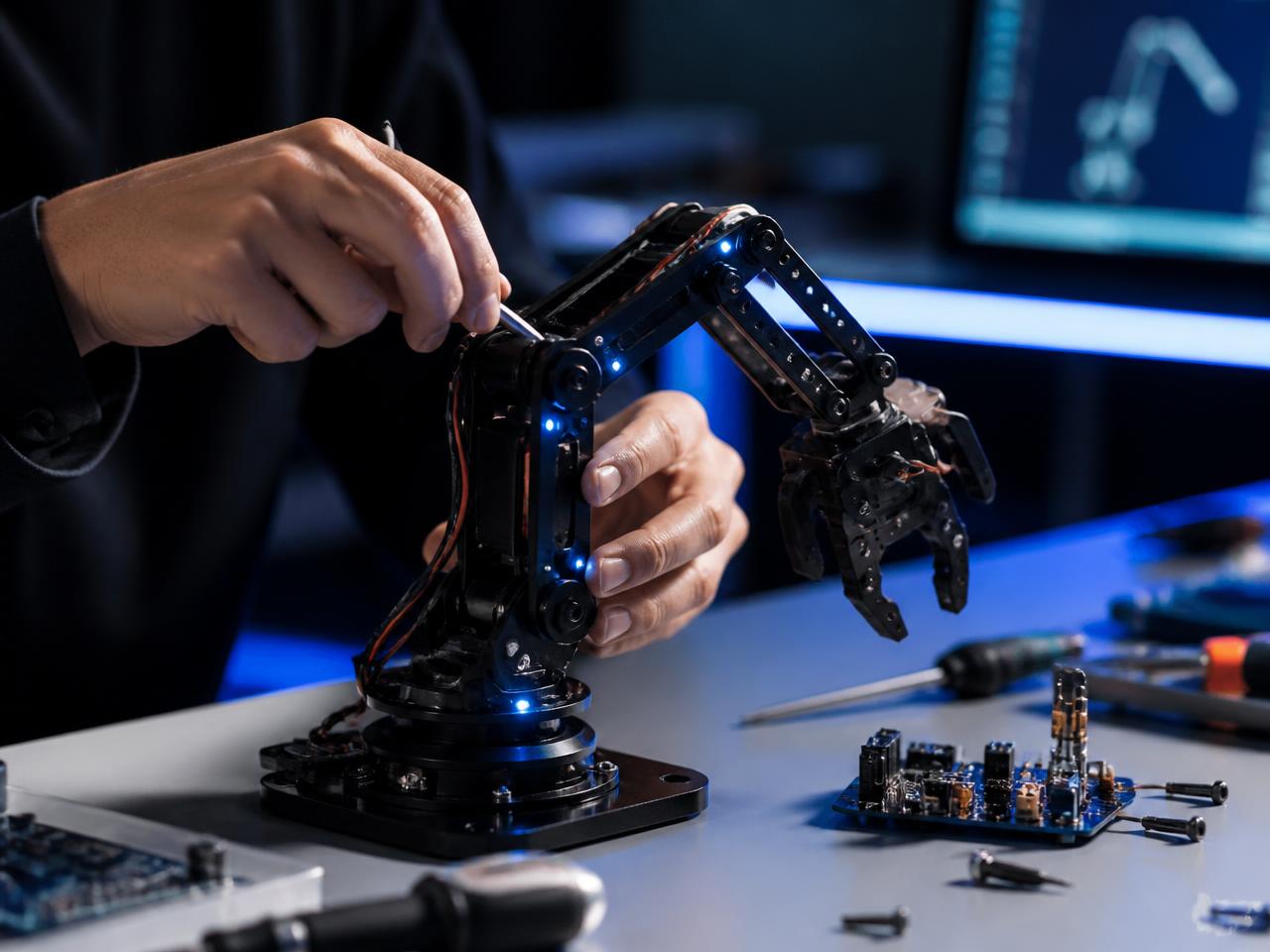 Hands assembling a robotic arm with electronics on a workbench