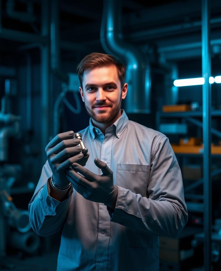 Robotics engineer holding a robotic arm component in a workshop