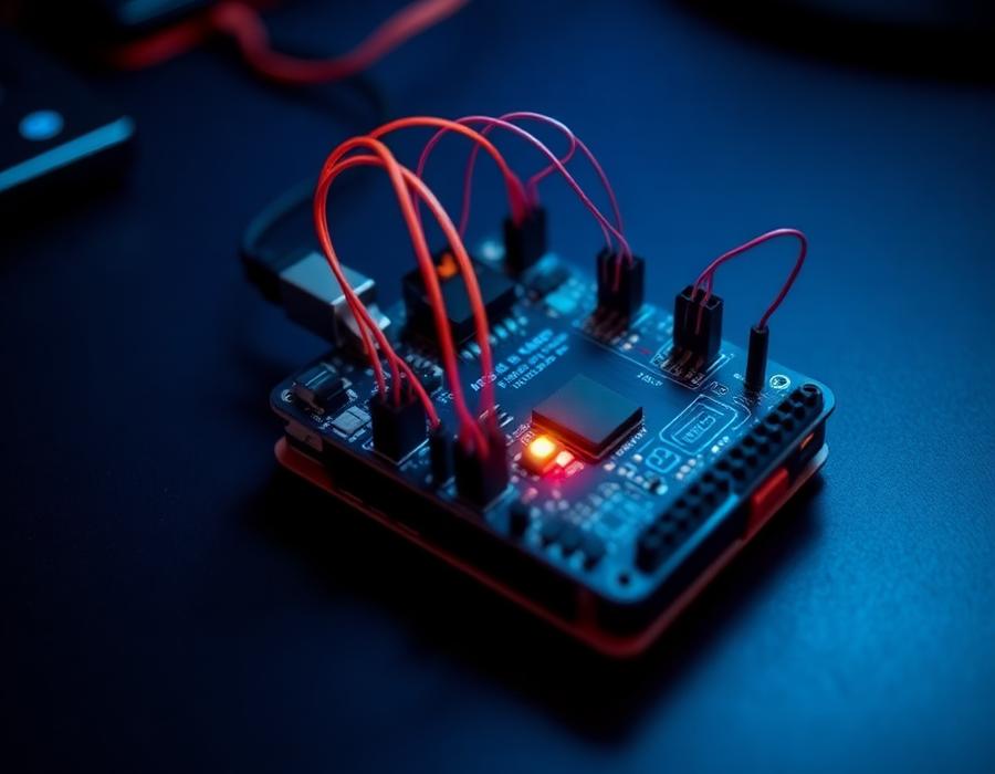 Arduino board with jumper wires and sensors