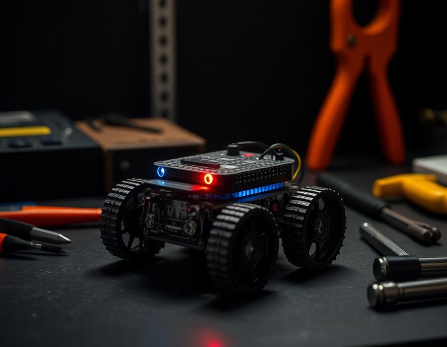 Small autonomous robot with sensors on a bench